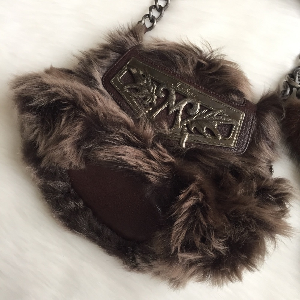 Moschino Fur & Chain Brown Leather Bag